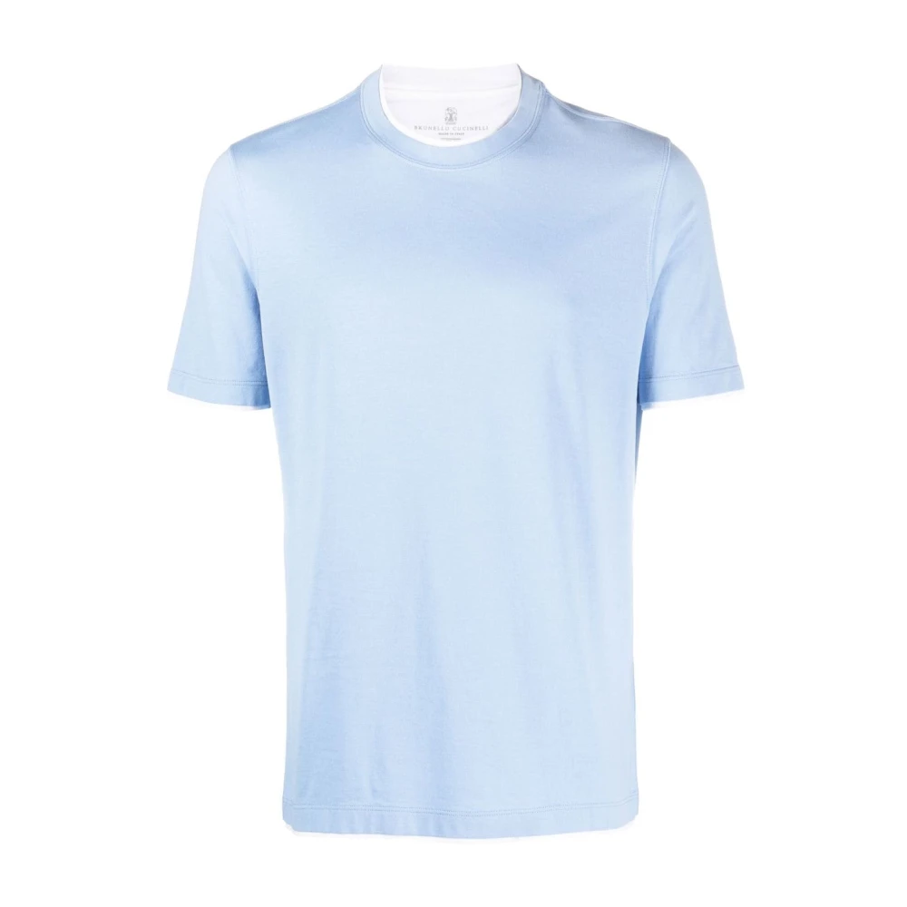 BRUNELLO CUCINELLI Crew-neck Katoenen T-shirt met Contrasterende Rand Blue Heren