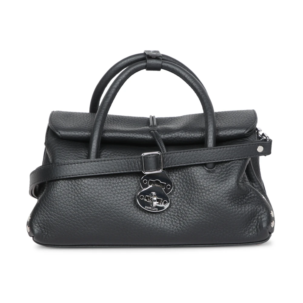 Zanellato Elegante zwarte leren schoudertas Black Dames