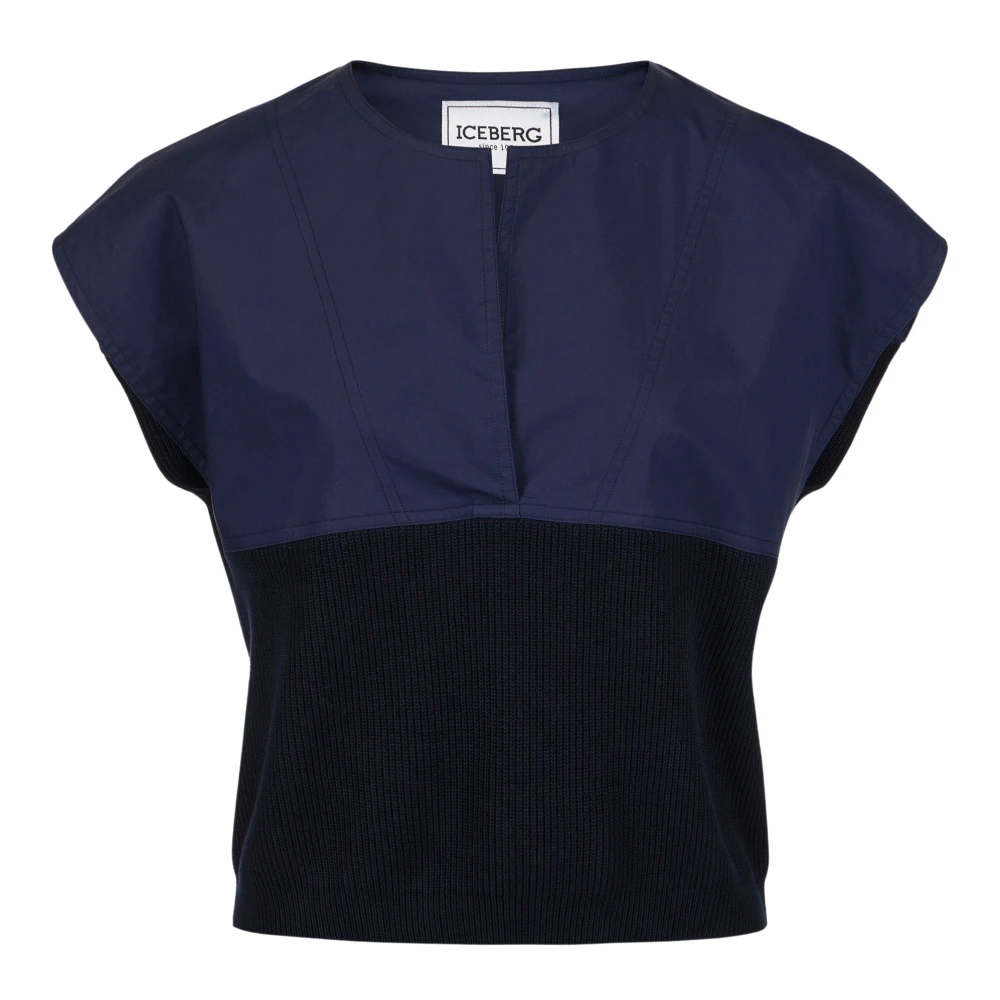 Iceberg Blauwe carry-over ronde hals in katoen met jacquard logostreep Blue Dames