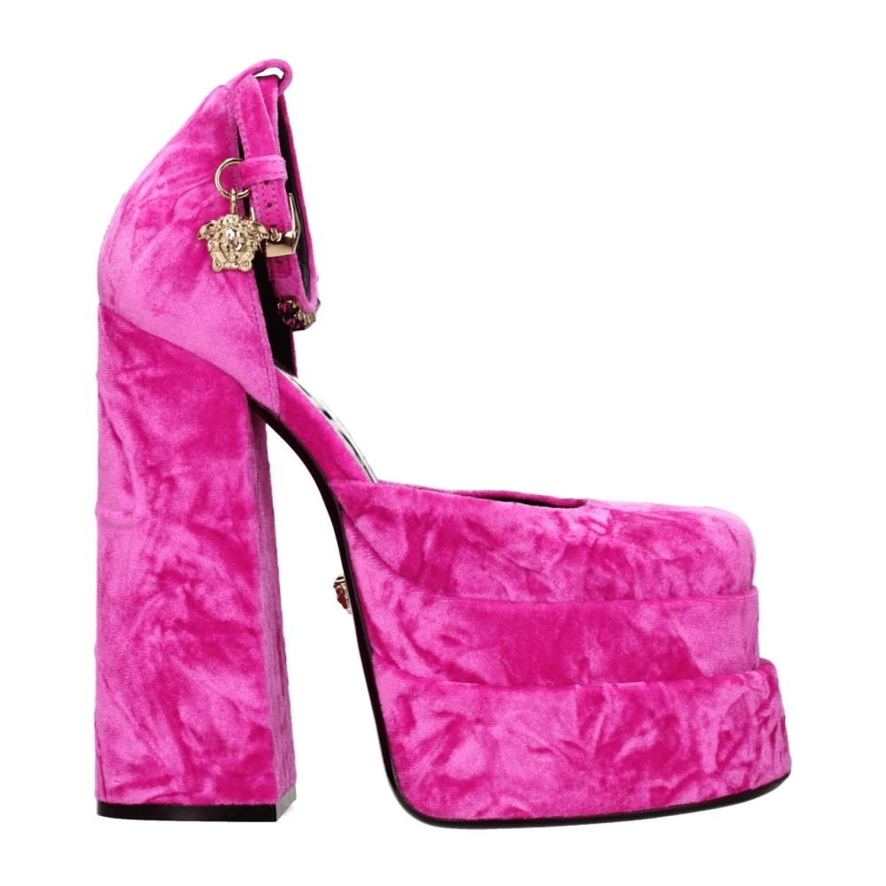Versace Pink Velvet Platform Sandals With Rhinestone - Female - Pumps - Pink - 5 Uk - Shoes