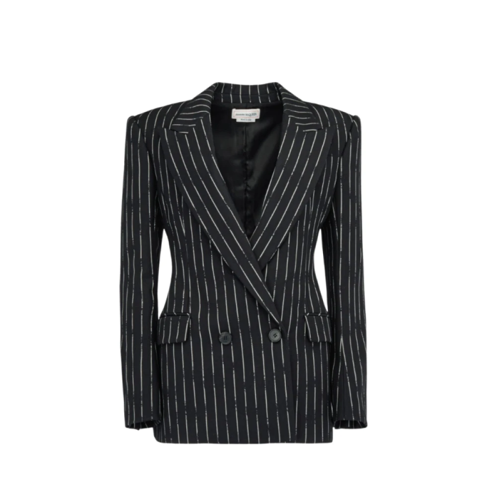 Alexander Mcqueen Women's Black Blazers, 2XS, Double Breasted Broken Pinstripe Wool Jacket
