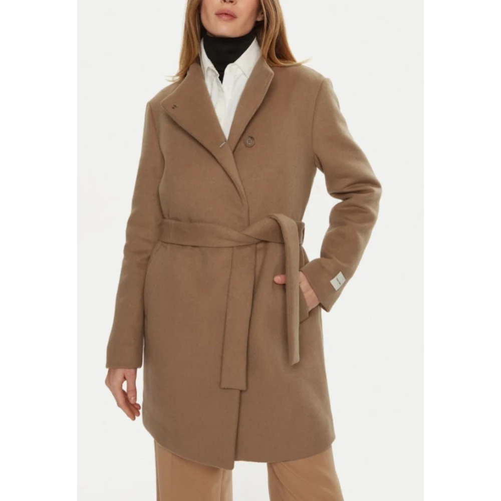Calvin Klein Wollen Funnel Neck Jas voor Vrouwen Beige Dames