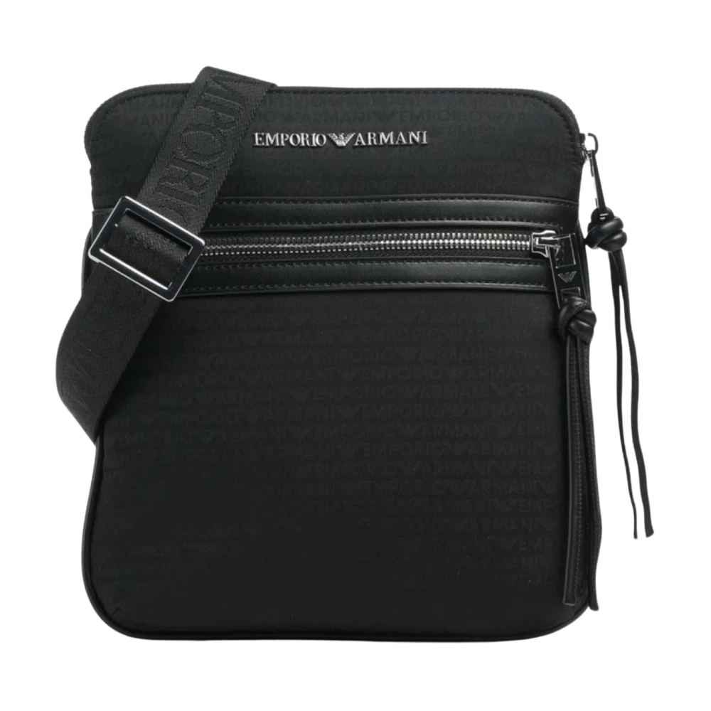 Emporio Armani Men's Black Nylon Flat Shoulder Bag With Monogram Lettering - Cross Body Messenger - One Size - Bags