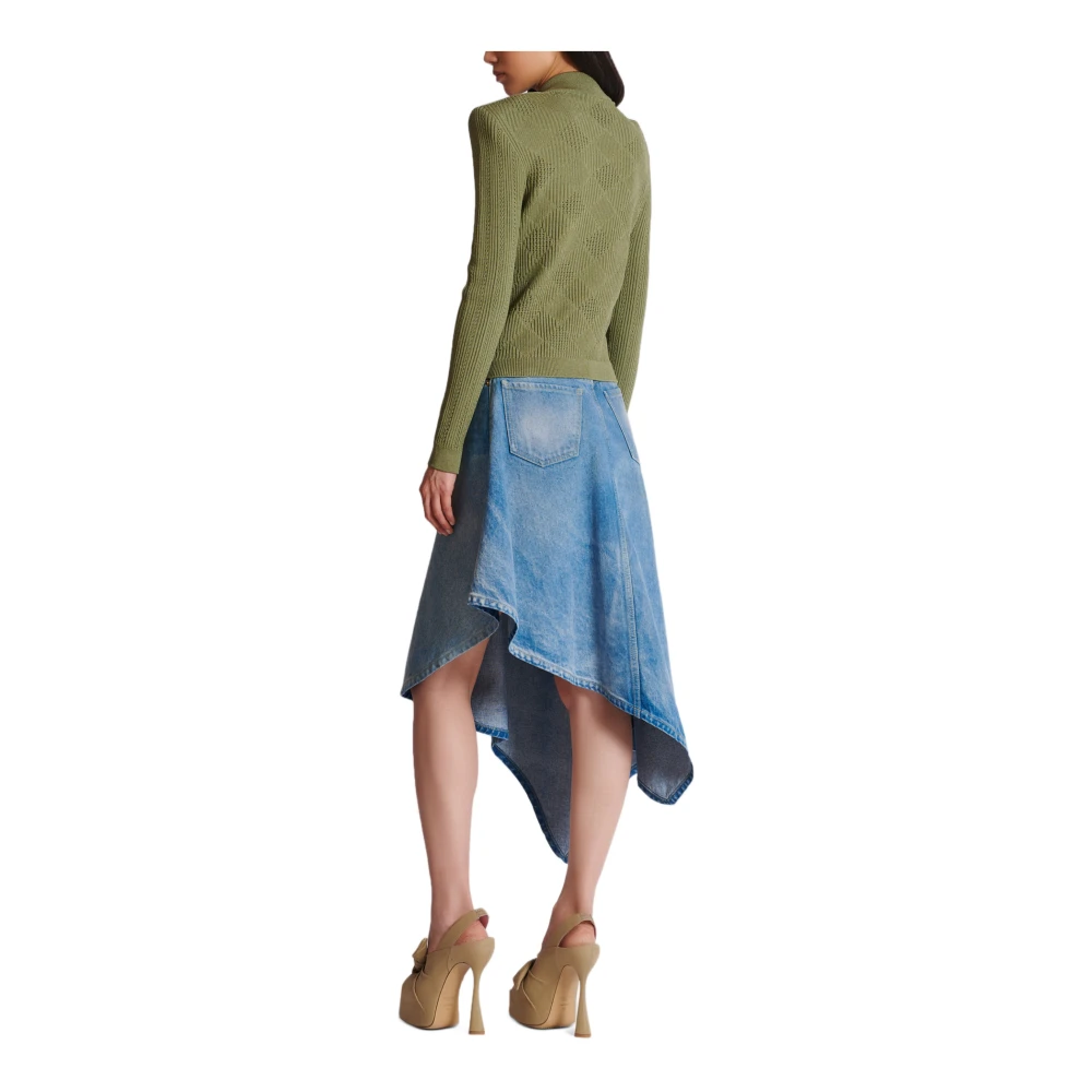 Balmain Gingham Openwork Knit Cardigan Green Dames