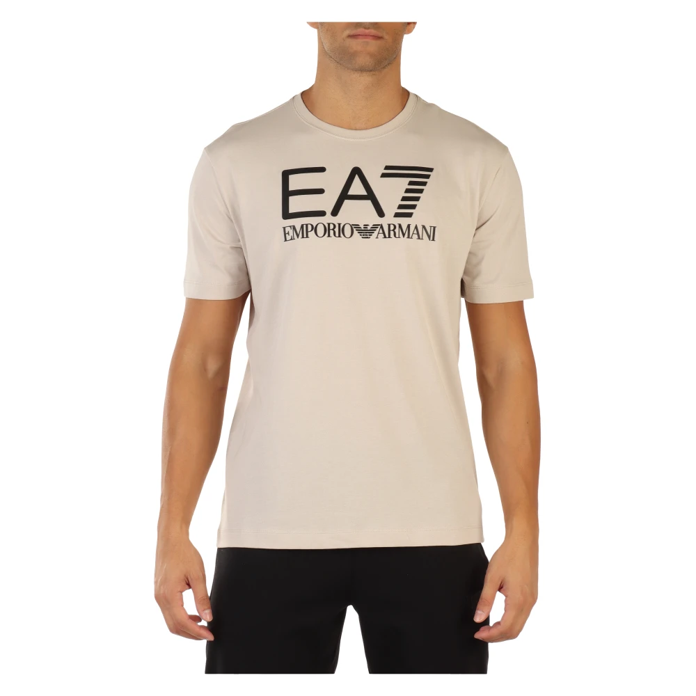 Emporio Armani EA7 Katoenen T-shirt met reliëf logo print Beige Heren