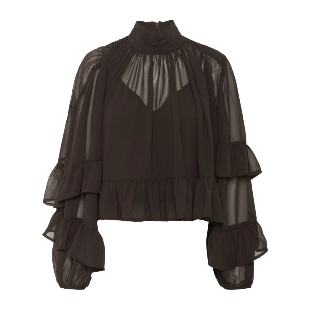 Gestuz Women's Brown Elegant Mesh Blouse With Ruffles - Blouses - Xs - Blouses & Shirts