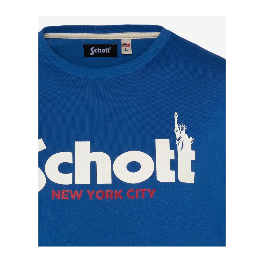 Schott NYC Katoen Logo TShirt Blauw Ronde Hals Korte Mouw Blue Heren