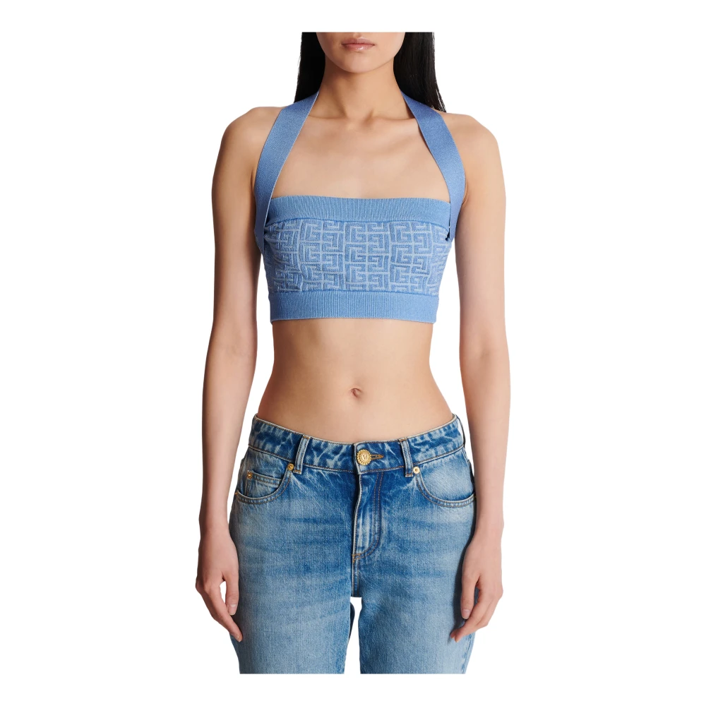 Balmain Gebreide halternek top met PB Labyrinth monogram Blue Dames