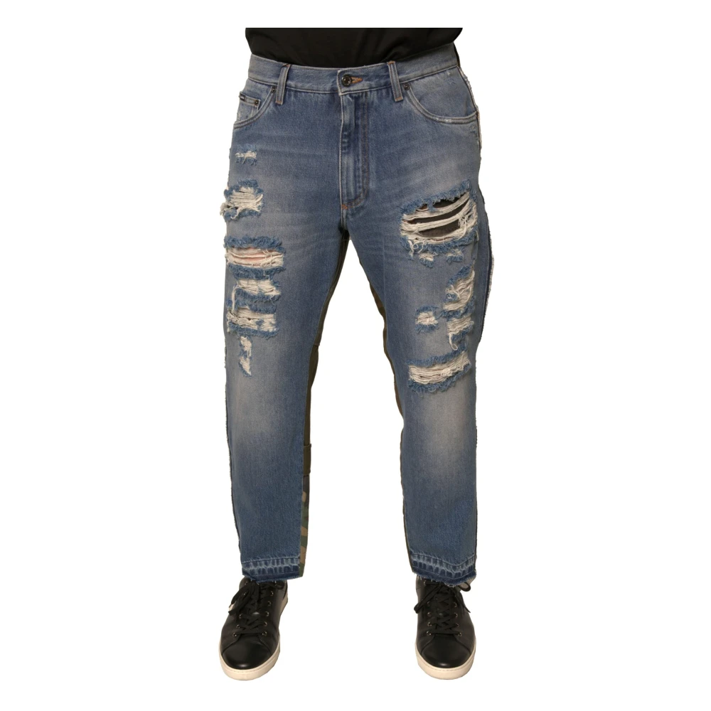 Dolce & Gabbana Men's Blue Straight Jeans,, Tattered Cropped Denim Jeans With Zipper Medium