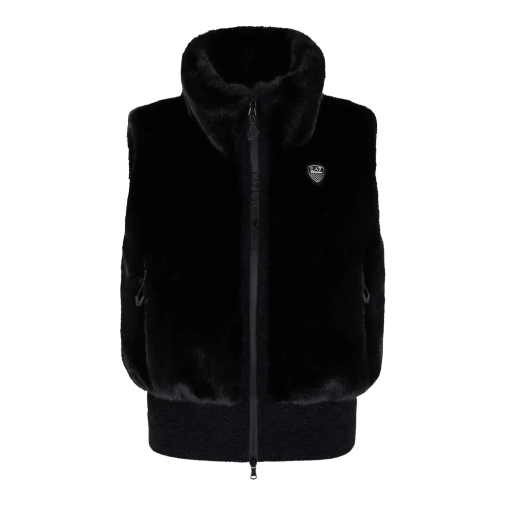 Emporio Armani EA7 Mouwloos vest met hoge hals van imitatiebont met logopatch Black Dames