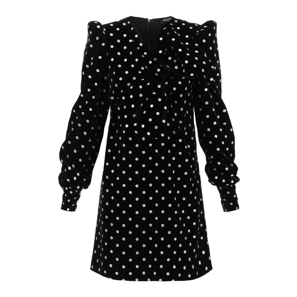 Balmain Korte jurk met grote strik en glinsterende stippen Black Dames