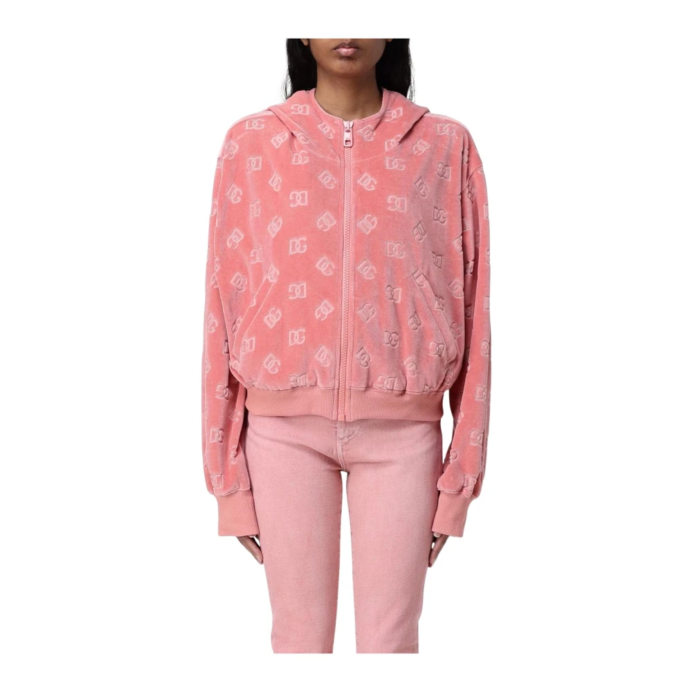 Dolce & Gabbana Women's Pink Velour Logo Hoodie Sweatshirt