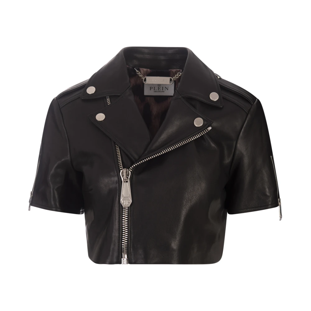 Philipp Plein Zwarte Cropped Biker Jas Gotische Stijl Black Dames