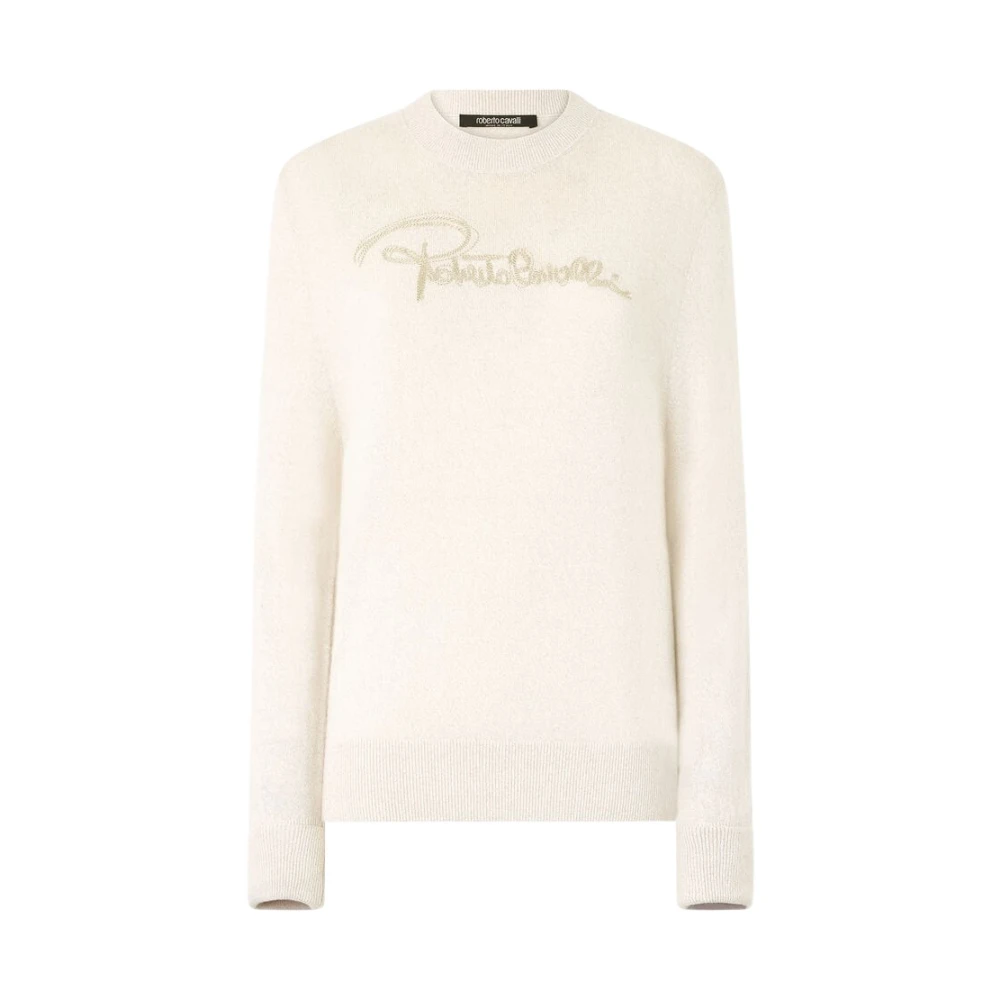 Roberto Cavalli Beige Round-Neck Knitwear, Female, Xs, Embroidered Logo Wool Cashmere Jumper