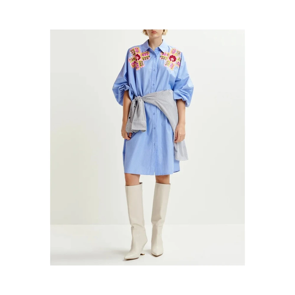 Essentiel Antwerp Gestreepte overhemdjurk met kleurrijke borduursels Blue Dames