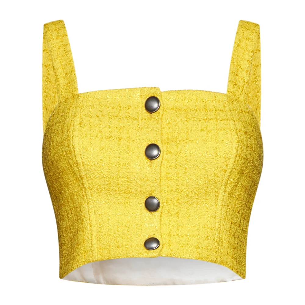 Alessandra Rich Gele Tweed Check Top Open Rug Yellow Dames