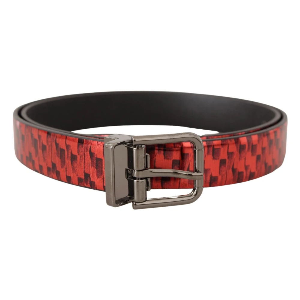 Dolce & Gabbana Men's Red Belts, One Size, Herringbone Leather Belt With Gray Tone Buckle
