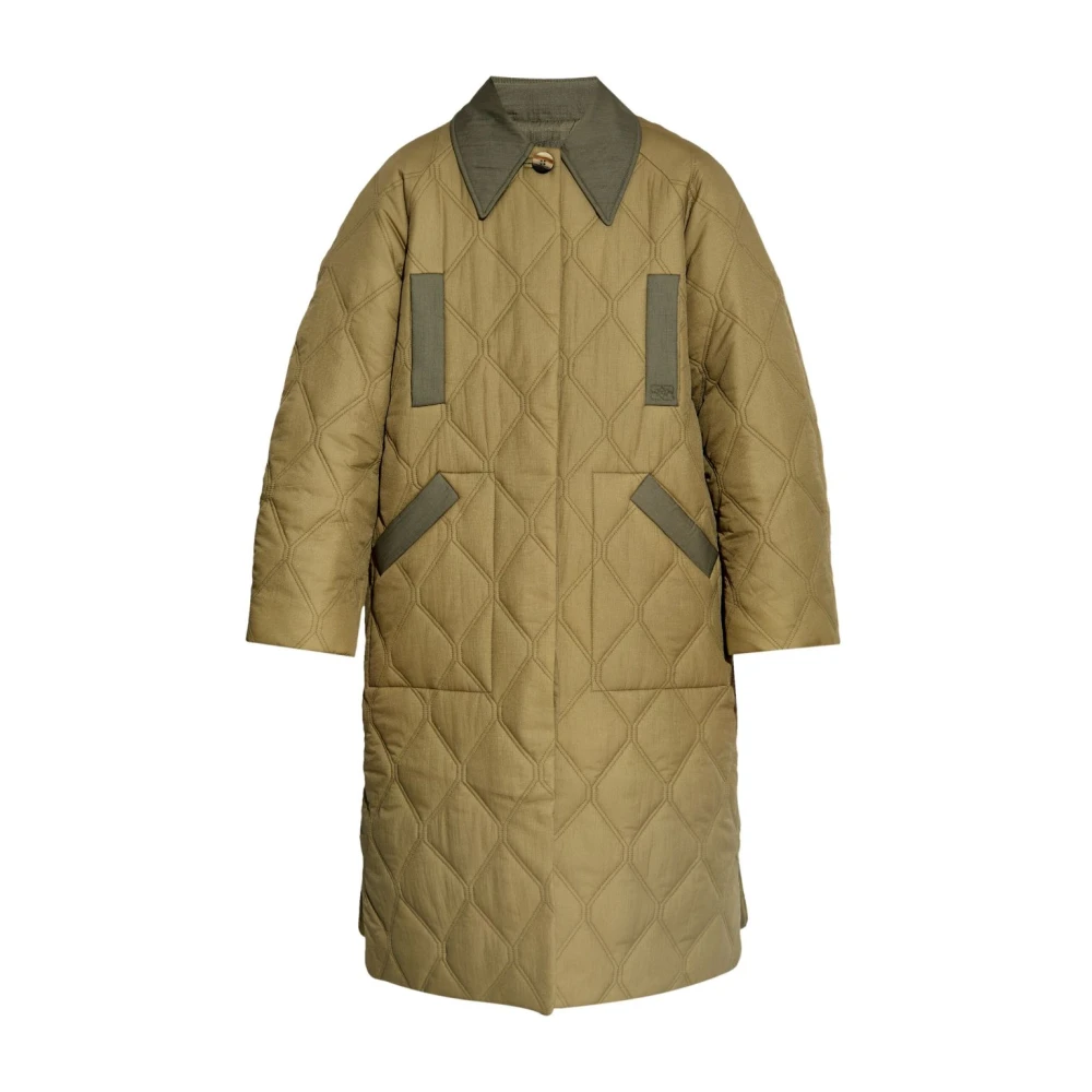 Ganni Gevoerde Groene Parka met Zijsplitten Green Dames