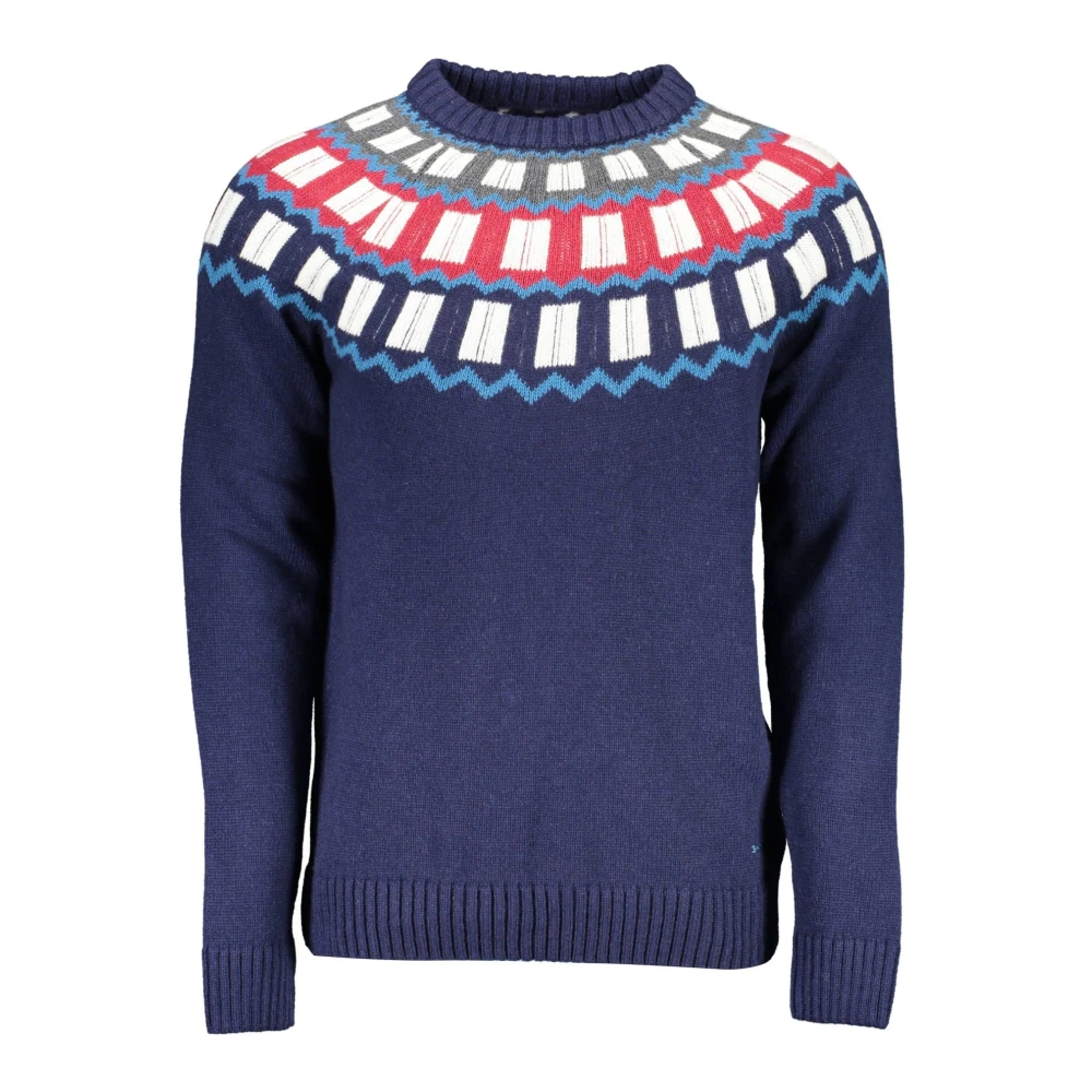 Gant Men's Blue Round-Neck Knitwear, S, Wool Jumper With Contrasting Details