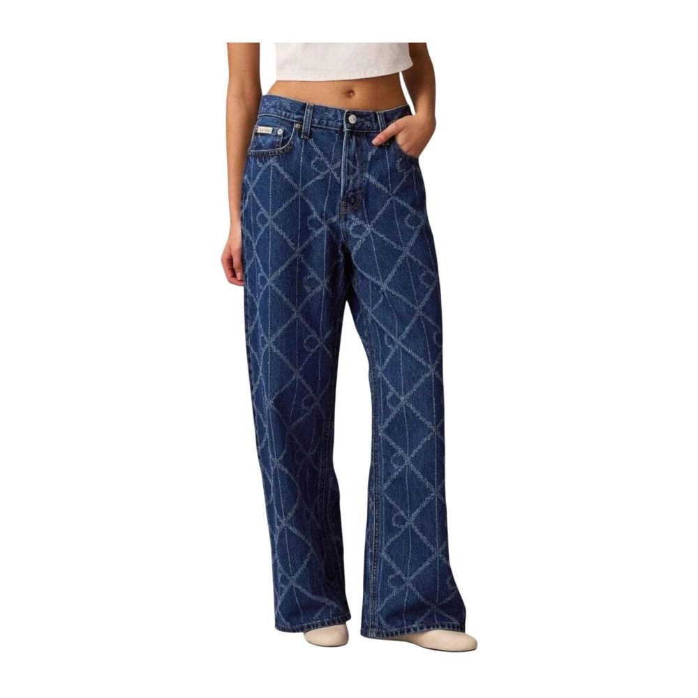 Calvin Klein Jeans Women's Blue Wide Jeans, W27, Geometric Pattern Cotton Zip-Button Jeans