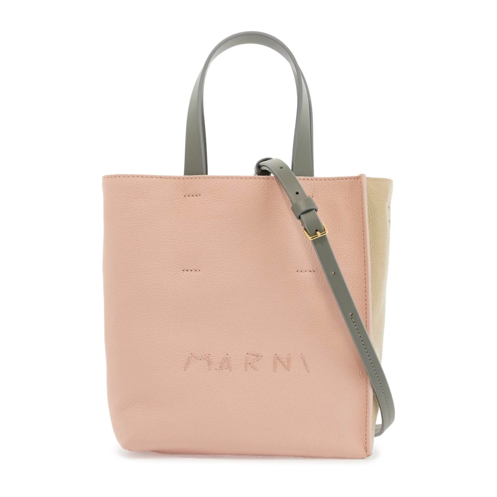Marni Roze Kalfsleren Winkelmandje met Grijze Handvatten Beige Dames