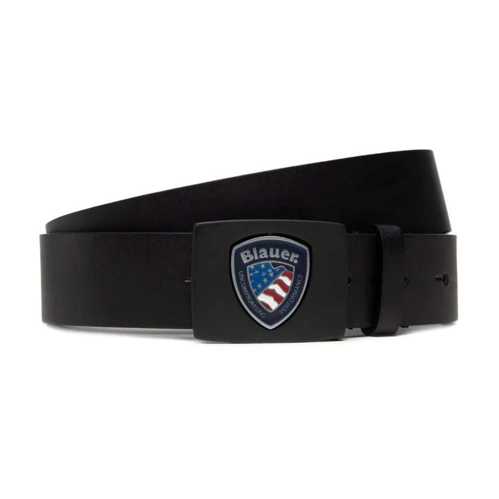 Blauer Svart Läderbälte Med Logotyp Spänne