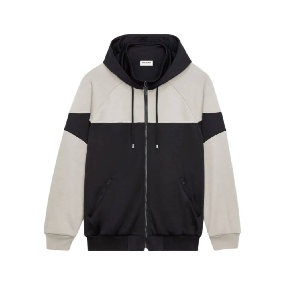 Saint Laurent Zwarte Beige Hoodie met Rits en Borduursel Black Heren