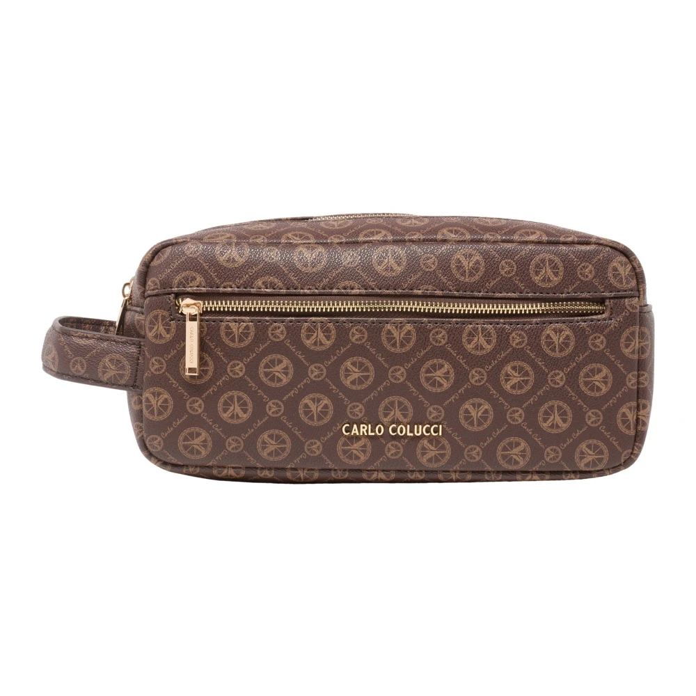 Carlo Colucci Brown Cosmetic Pouch With Logo Print - Female - Toilet Bags - One Size - Bags