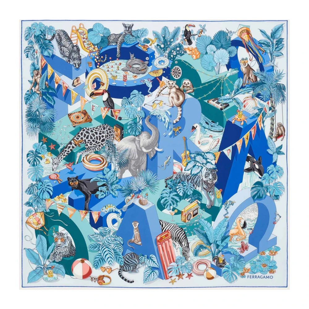 Ferragamo Women's Multicolor Silk Scarves, One Size, Jungle Party Print Silk Scarf