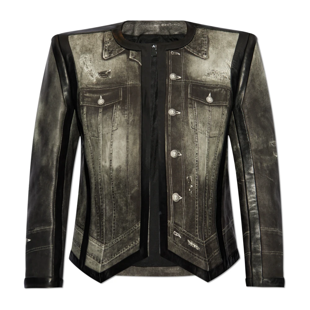 Balmain Leren jas met print Gray Dames