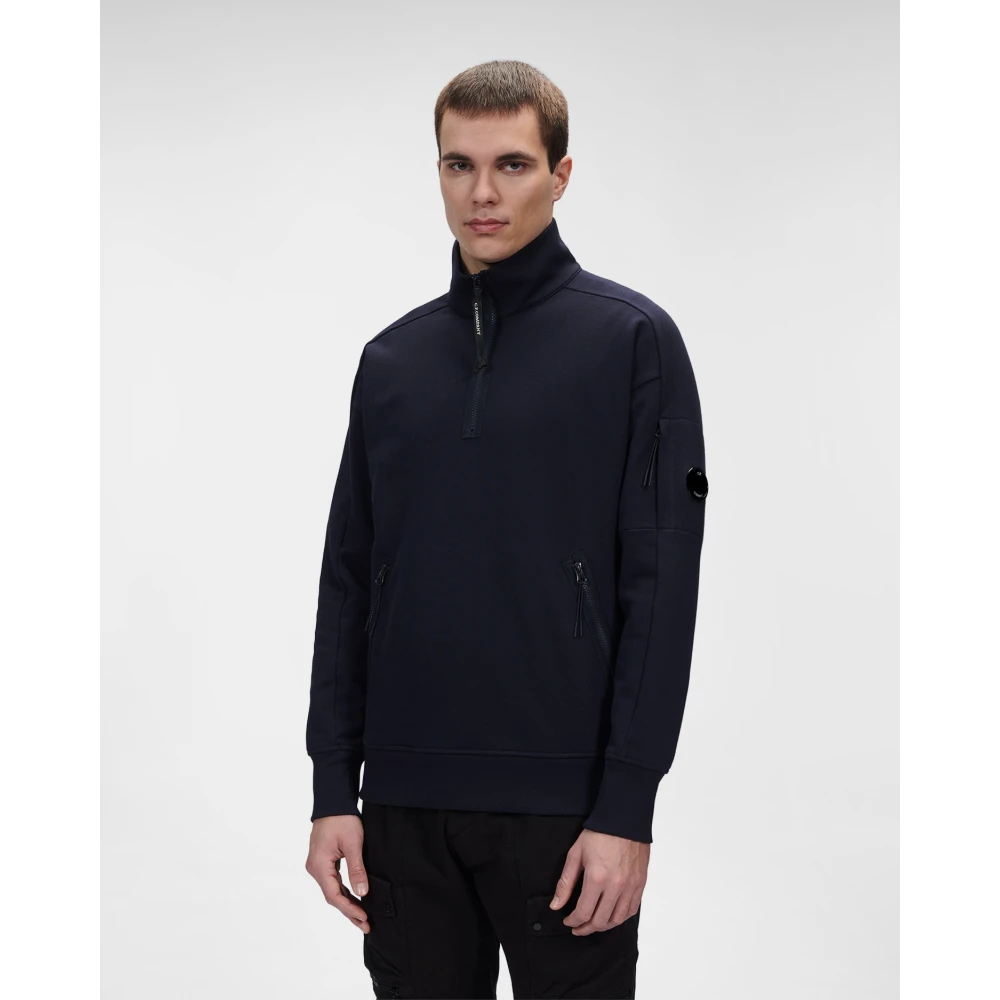 C.P. Company Diagonal Raised Fleece Stand Collar Sweatshirt Blue Heren