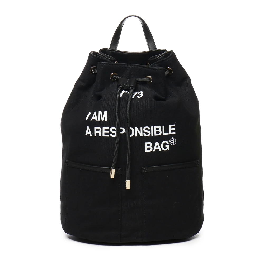 V73 Zwarte Canvas Rugzak met Slogan Print Black Dames