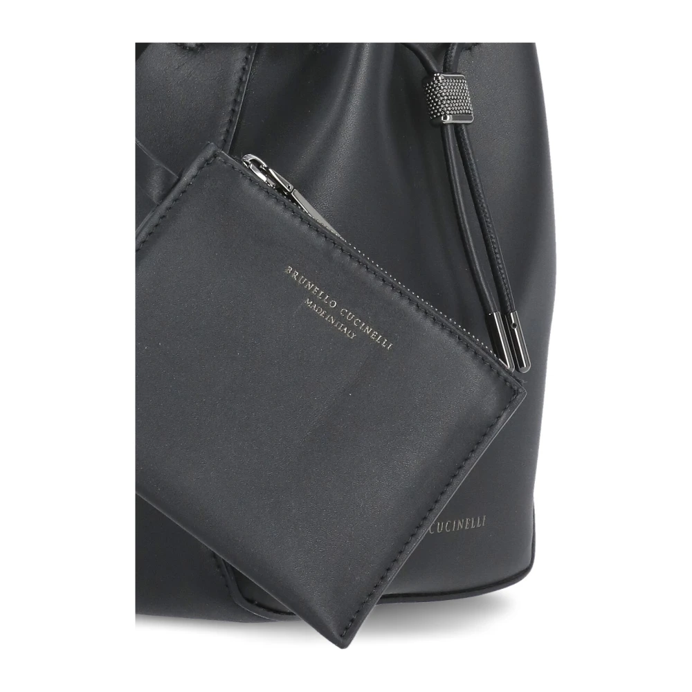 BRUNELLO CUCINELLI Zwarte Leren Schoudertas Koordsluiting Logo Black Dames