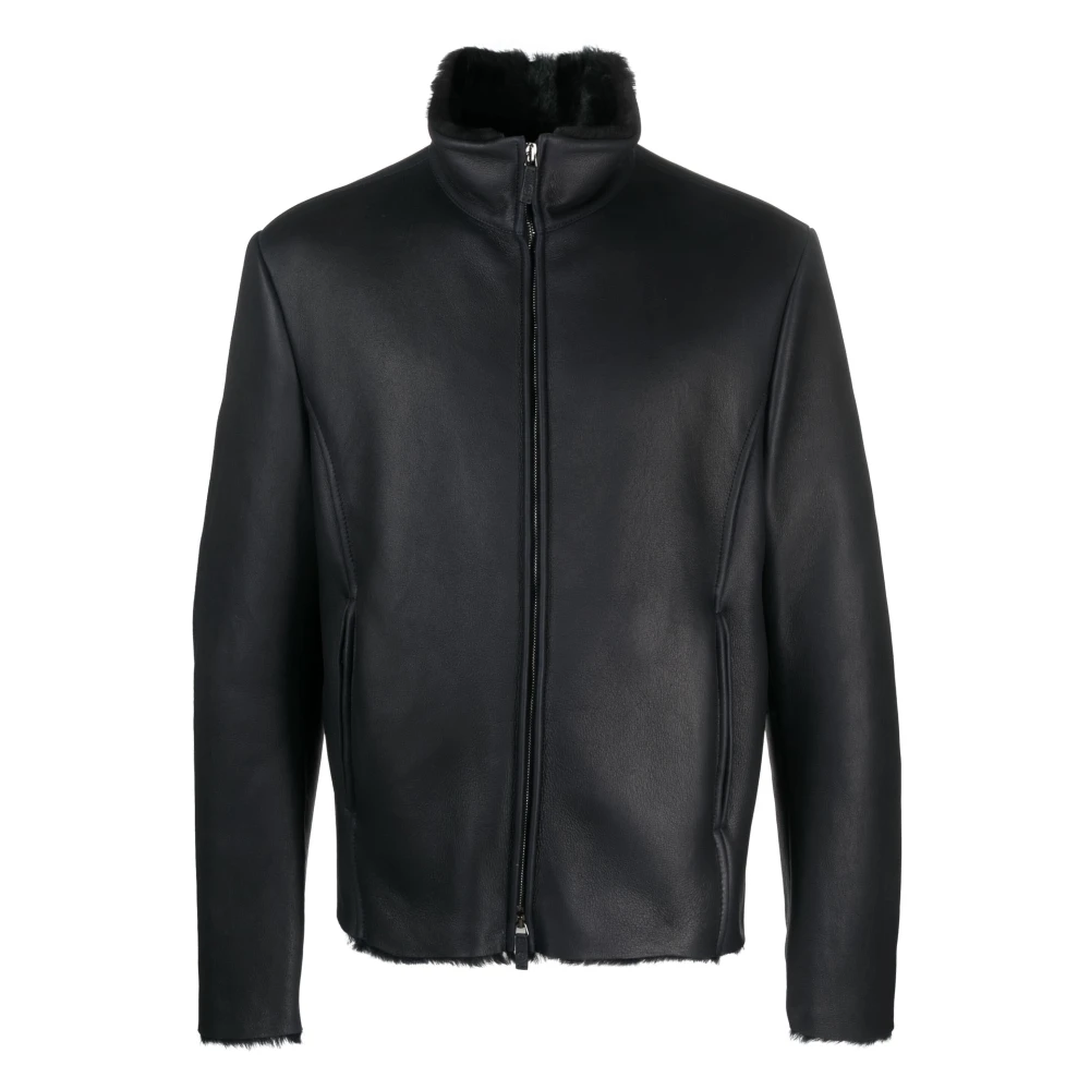 Giorgio Armani Blauw Leren Elegant Blouson Jack Blue Heren