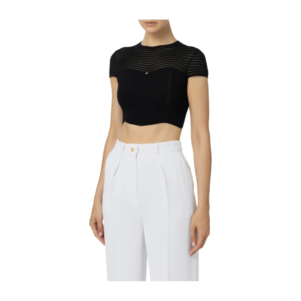 Elisabetta Franchi Chevron Cropped Top met transparante mouwen Black Dames