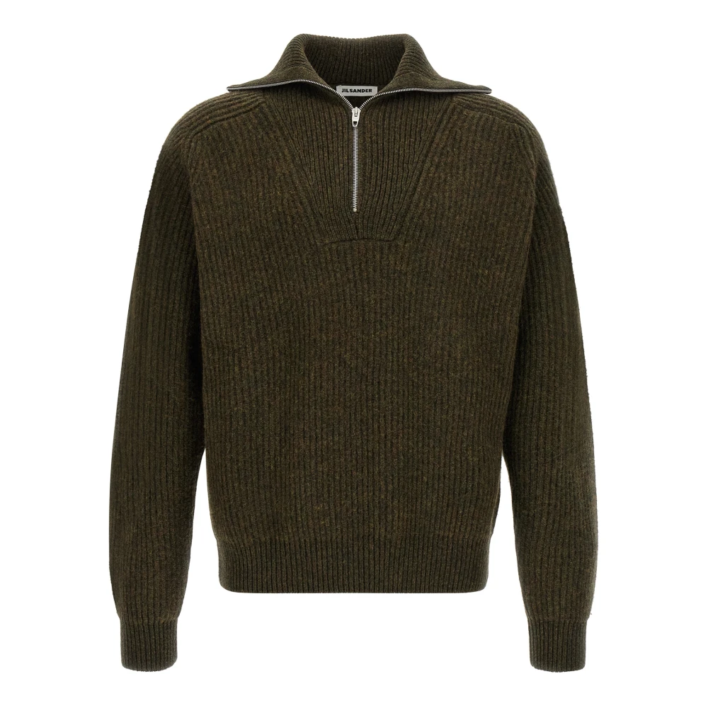 Jil Sander Herr Grön Stickade Tröjor L, Ribbstickad Tröja Med Halv Dragkedja