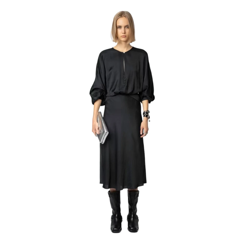 Zadig & Voltaire Zwarte Satijnen Jurk met Diamanten Knoop Black Dames