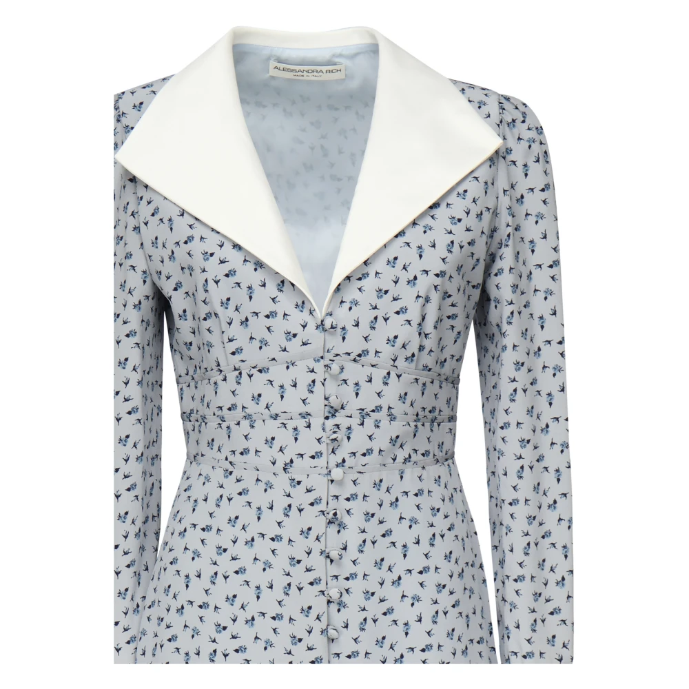 Alessandra Rich Zijden Jurk met Rozenprint Midi Lengte Lichtblauw Blue Dames