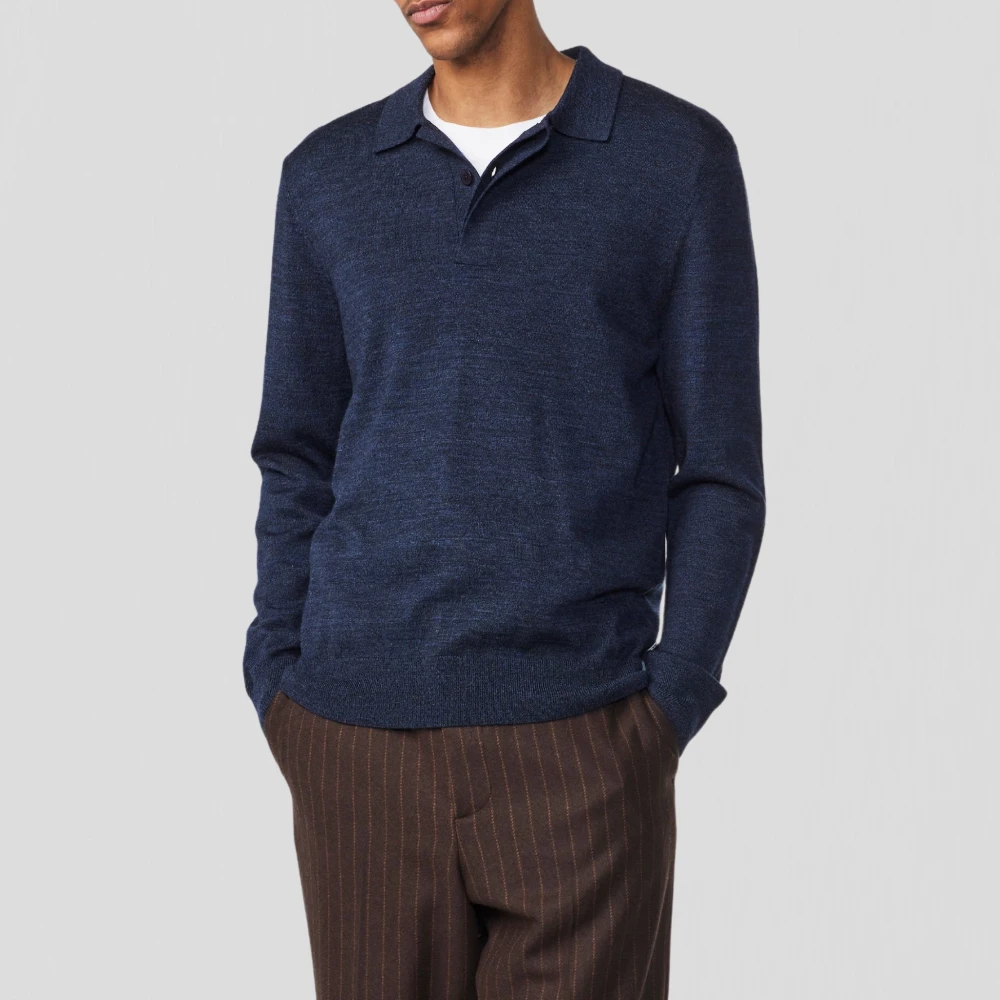 Nn07 Wol Mouline Polo Sweater Navy Blue Heren