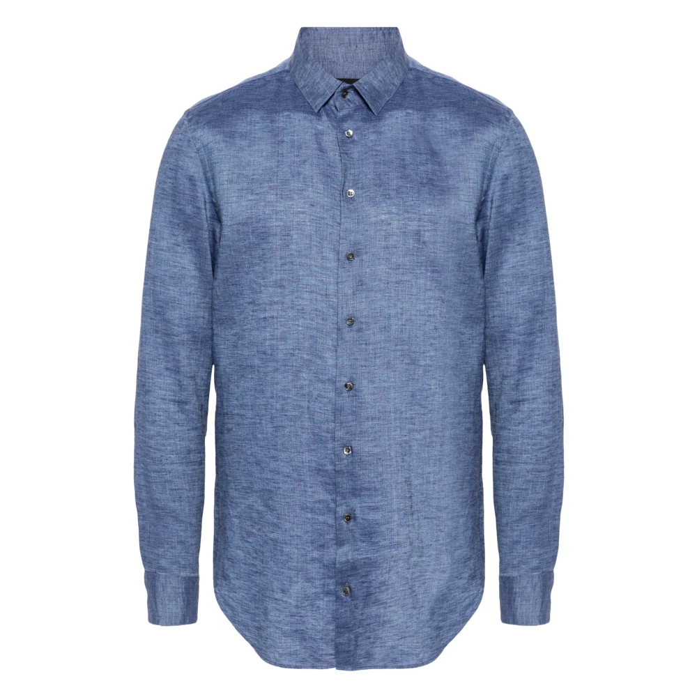 Giorgio Armani Elegant Blauw Langarm Flax Shirt Blue Heren