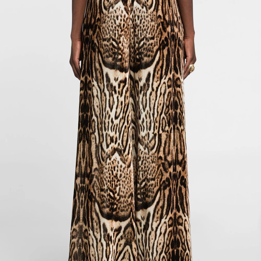 Roberto Cavalli Ocelot Wijde Fluwelen Broek Brown Dames
