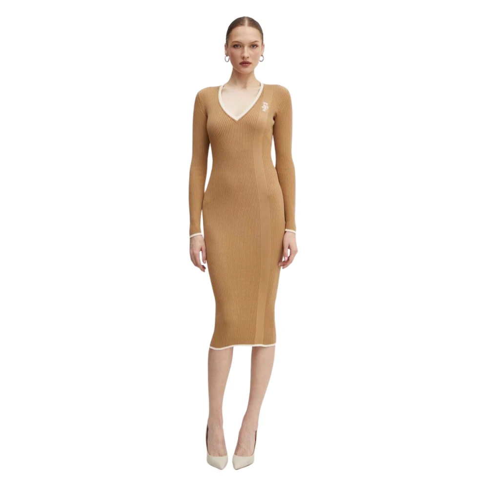 Elisabetta Franchi Geribbelde V-hals Midi Jurk Brown Dames