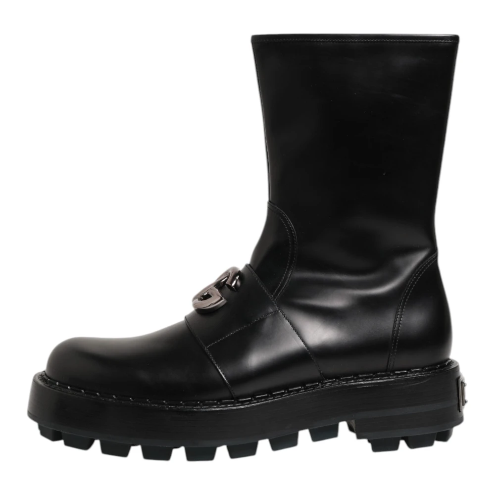 Dolce & Gabbana Women's Black Logo Plaque Mid Calf Biker Boots