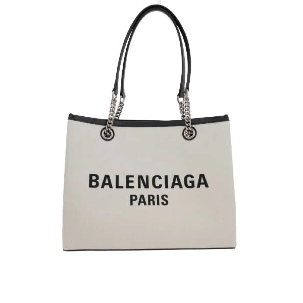 Balenciaga Canvas Tote Tas met Leren Afwerking en Logo Print Beige Dames