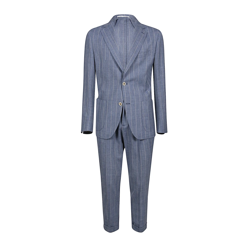Eleventy Slim Fit Wol Zijde Linnen Pak Blue Heren