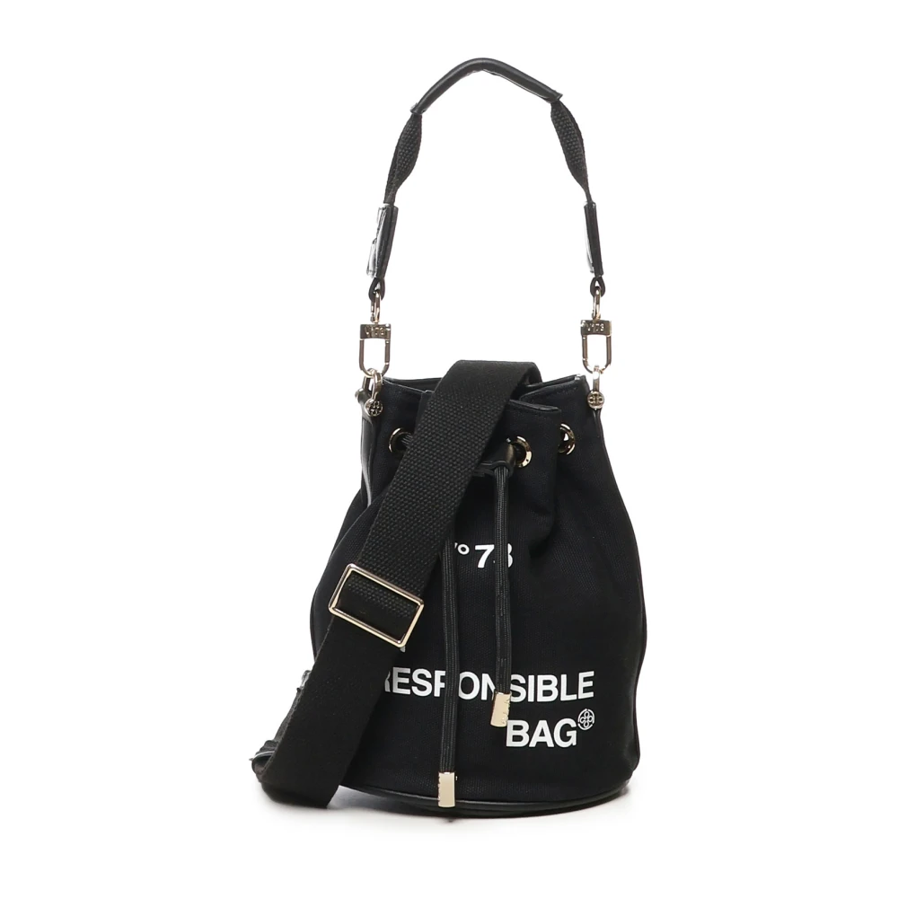 V73 Women's Black Bucket Bags, One Size, Canvas Shoulder Bag With Drawstring Closure