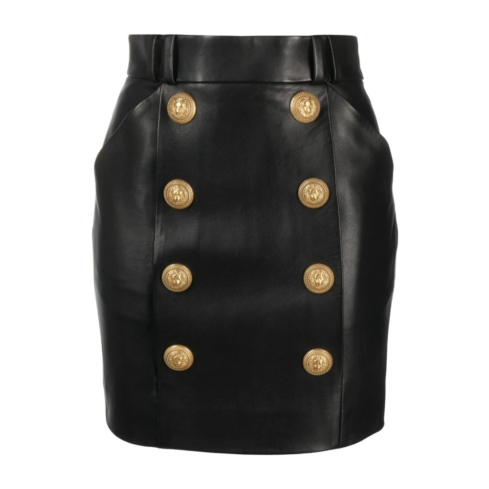 Balmain Elegant Läder Kort Kjol i Svart Black, Dam