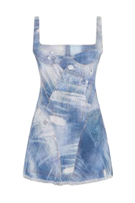 Denim Patch Print Mini Klänning
