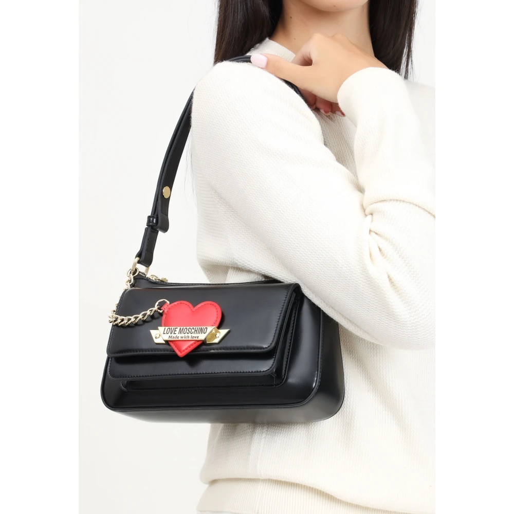 Love Moschino Zwarte schoudertas voor dames met rode hartbedel Black Dames