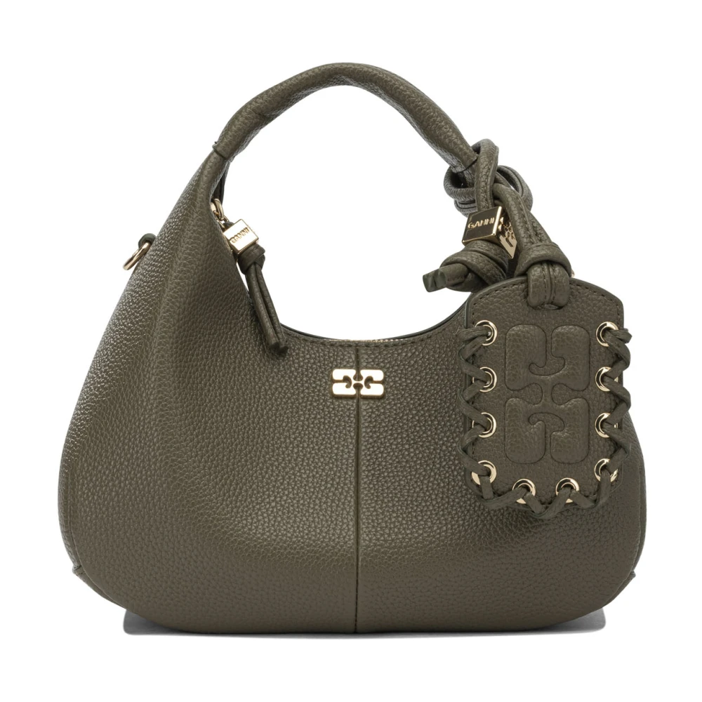 Ganni Hobo Mini Grained Handbag - Woman Handbags Olive One Size - Immagine 5